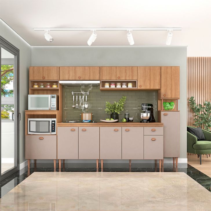 Cozinha Completa com Tampo Marti 12 Portas 1 Gaveta Mel e Fendi