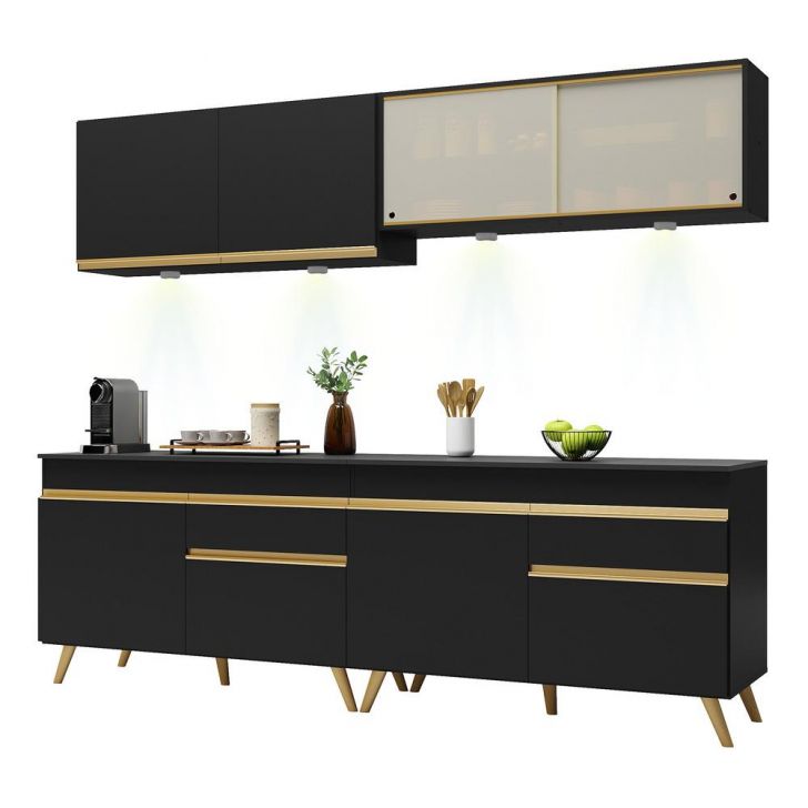 Armário de Cozinha Compacta 240cm com Leds Veneza Up Multimóveis V2021 Preto/Dourado