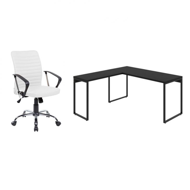 Conjunto de Mesa Kuadra II Preta 150 cm com Cadeira de Escritório Diretor Giratória Oslo Branca