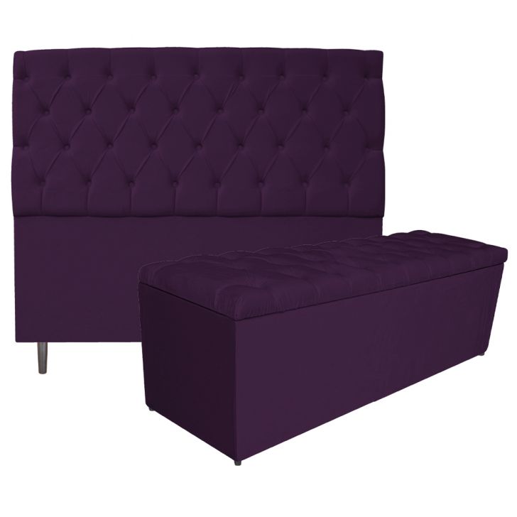 Kit Cabeceira e Calçadeira Liverpool 140 cm Casal Suede Roxo - Amarena Móveis