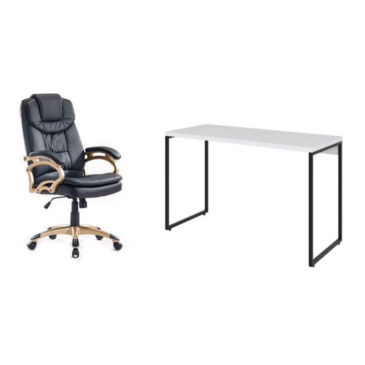 Conjunto de Mesa Studio Branca 120 cm com Cadeira de Escritório Presidente Giratória com Relax Clark Preta e Dourada