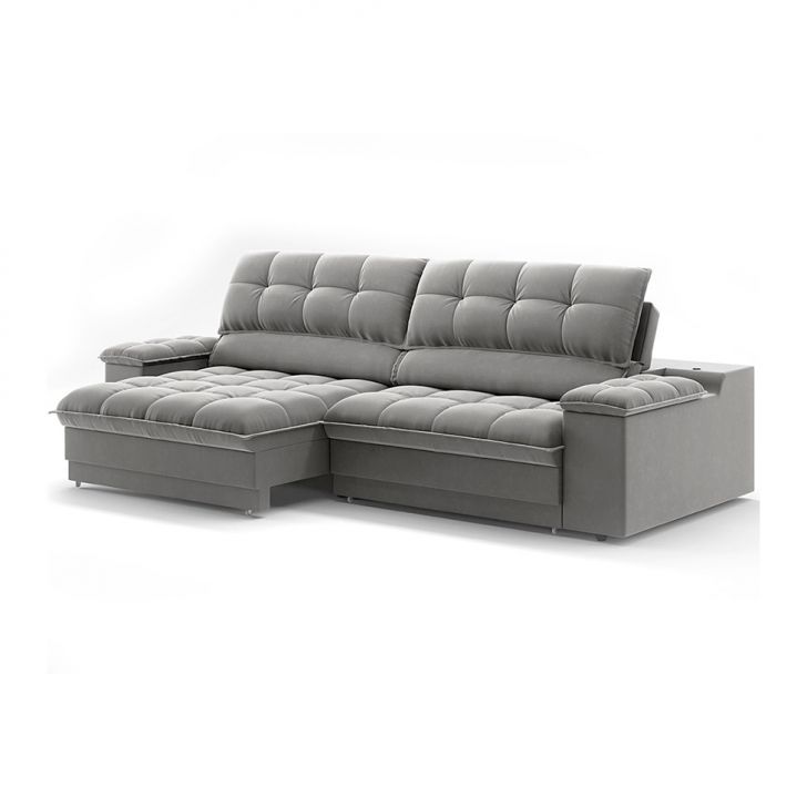 Image of Sofá 3 Lugares Retrátil E Reclinável Helen Com Usb E Porta-copos Veludo Cinza 230 Cm PLA-MO895UP17LNQMOB