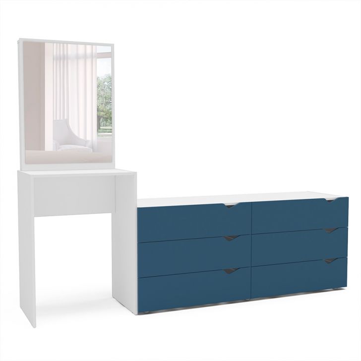 Cômoda com Espelho Porto 6 Gavetas Branca e Azul