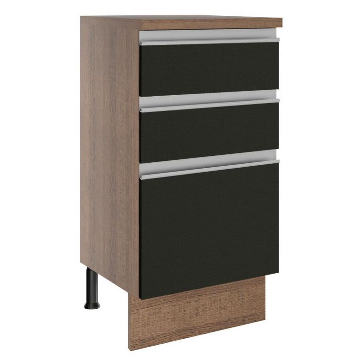 Balcão Armário de Cozinha 40 cm 3 Gavetas Rustic/Preto Glamy Madesa