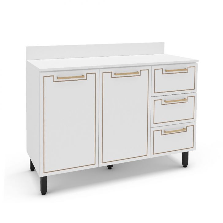 Balcão de Cozinha Amara com Tampo 2 Portas 3 Gavetas Branco