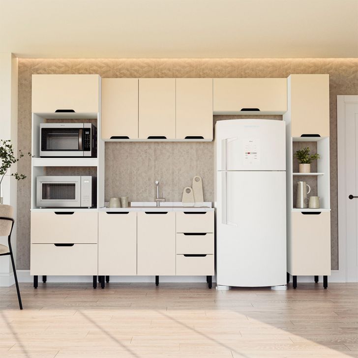 Cozinha Compacta Sem Tampo Com Paneleiro Meena 10 Portas 4 Gavetas Creme E Branca