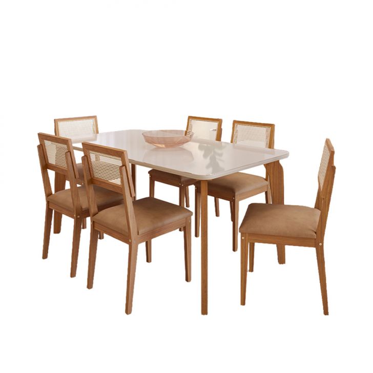Conjunto De Mesa Retangular Com Tampo De Vidro Off White Papaia E 6 Cadeiras Palmas Revestimento Sintético Marrom E Cinamomo