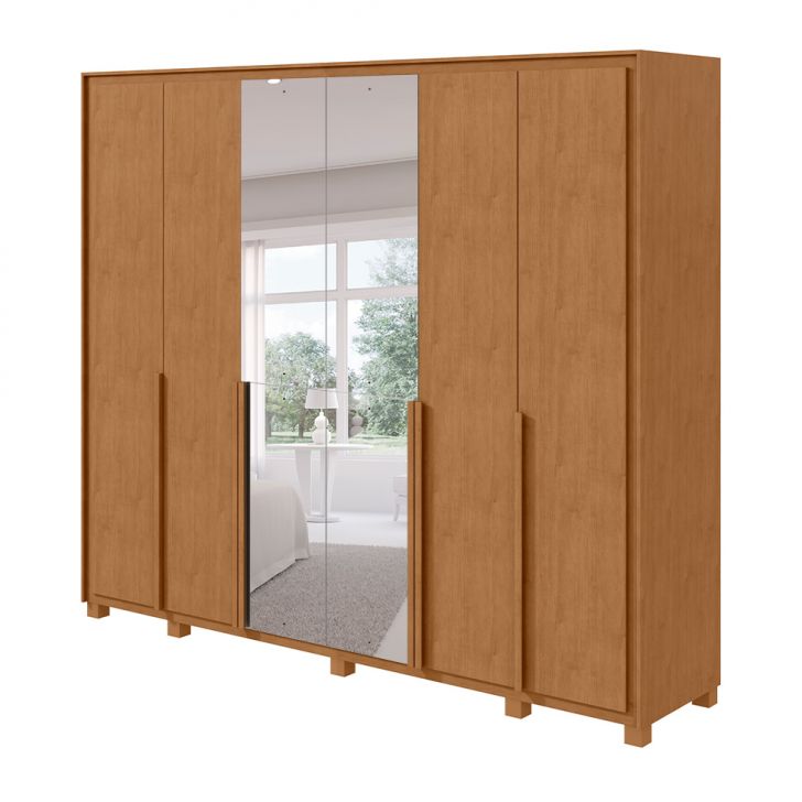 Guarda-roupa Casal Com Espelho E Pés Imperatore 6 Portas 8 Gavetas Amêndoa Clean