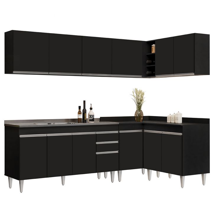 Armário de Cozinha Modulado de Canto 6 Peças CP33 com Pia Inox Preto - Lumil