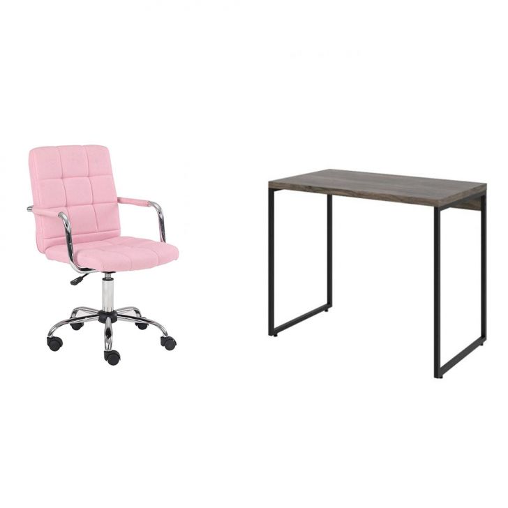 Conjunto de Mesa Studio Marrom Escuro com Cadeira de Escritório Secretária Giratória Fitz Rosa