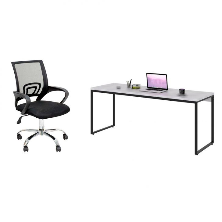 Conjunto de Mesa Studio Branca 180 cm com Cadeira de Escritório Secretária Giratória Javix Preta