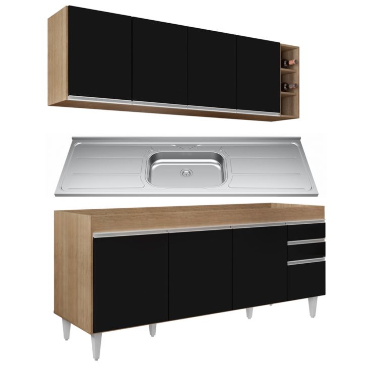 Armário Aéreo Nevada e Balcão Gabinete 180cm Com Pia Dallas Castanho/Preto - Lumil