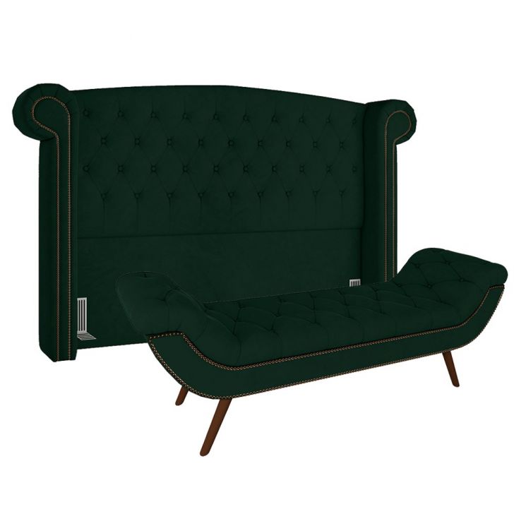 Cabeceira Cama Box Casal 140cm Provença com Calçadeira Vêneto Z37 Veludo Verde Musgo - Mpozenato