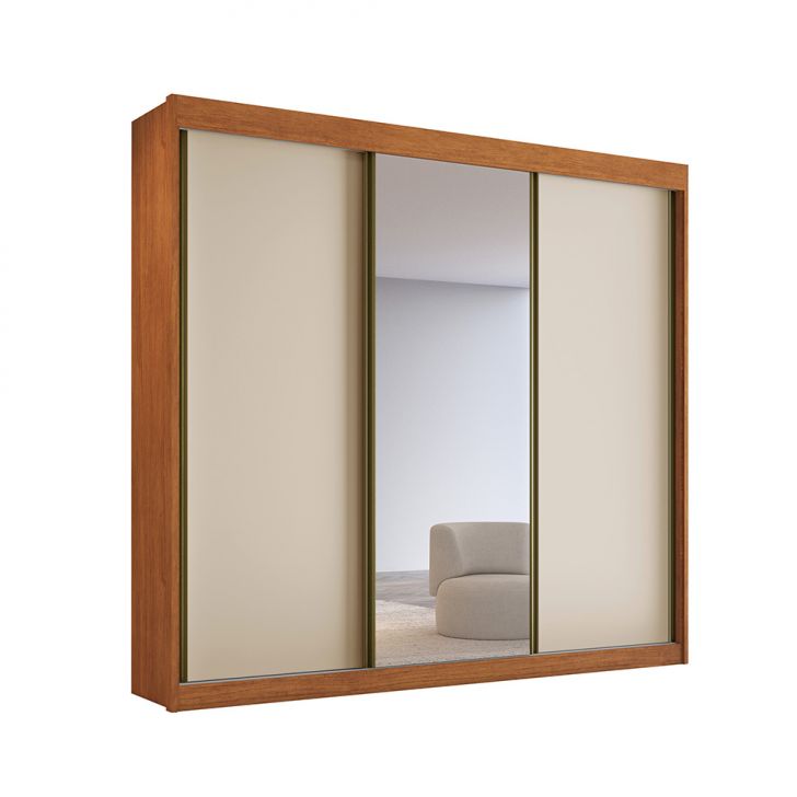 Guarda-roupa Casal 100% Mdf Com Espelho Chicago 3 Portas 4 Gavetas Cinamomo E Off White