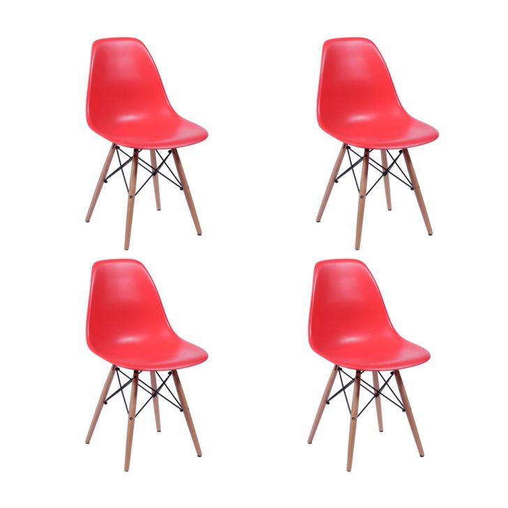 Conjunto com 4 Cadeiras DKR Eames Vermelho e Madeira