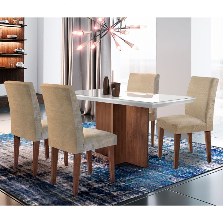 Conjunto De Mesa De Jantar Berlim Ii Com Tampo De Vidro Off White E 4 Cadeiras Grécia Suede Amassado Chocolate