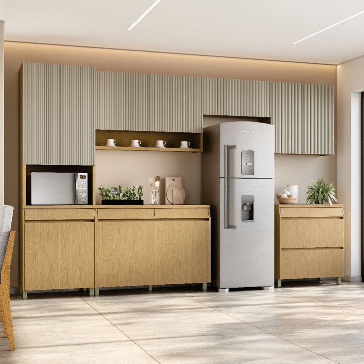 Cozinha Compacta Simone Mendes 100% MDF 13 Portas 4 Gavetas Bege e Carvalho