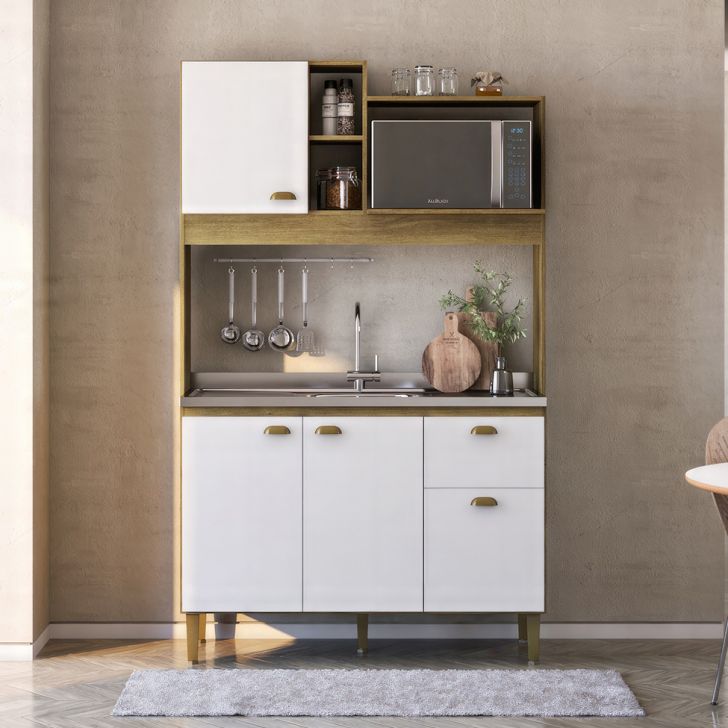 Cozinha Compacta Azaléia 4 Portas 1 Gaveta Mel e Branco