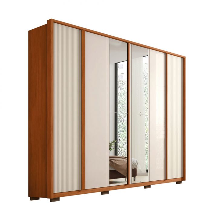 Image of Guarda-roupa Casal Com Espelho Cleo Ripado 6 Portas 4 Gavetas Freijó E Off White PLA-MO895CL07OEUMOB