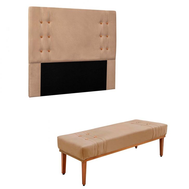 Conjunto de Cabeceira Solteiro com Recamier Gênova Suede Bege