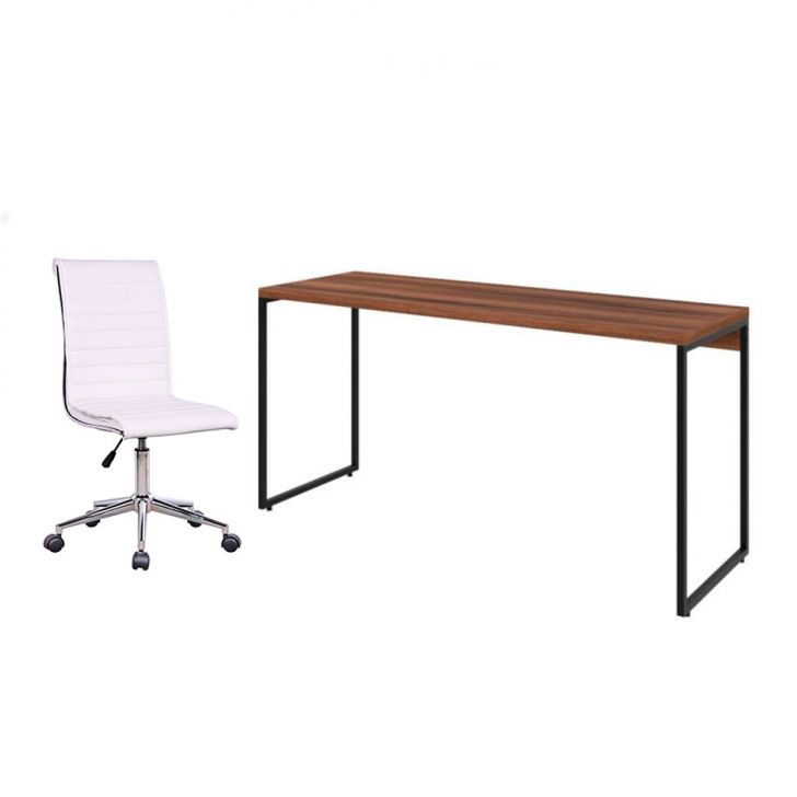 Conjunto de Mesa Studio Nogal 150 cm com Cadeira de Escritório Secretária Giratória Marilyn Branca