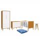 Dormitório Theo 2 Portas, Cômoda 6 Gavetas, Berço, Mesa de Canto Branco/Savana com Pés Amadeirado e Colchão - Reller Móveis