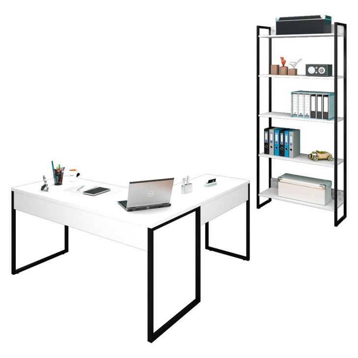 Mesa em L e Estante para Escritório Studio Industrial M18 Branco - Mpozenato