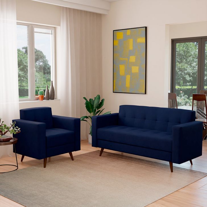 Conjunto De Sofá 3 Lugares Com 1 Poltrona Vitrola Suede Azul
