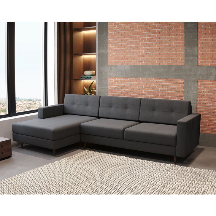 Sofá 3 Lugares Esquerdo Living Com Chaise Esquerdo Pé Palito Linho Cotton Grafite Escuro