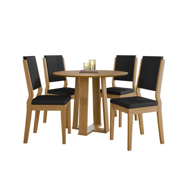Conjunto De Mesa Redonda Com Tampo De Mdf Isabela E 4 Cadeiras Carol Veludo Preto E Ypê