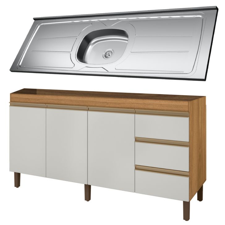 Balcão Gabinete Com Pia 160cm 3 Portas Karen P14 Nature/Off White - Mpozenato