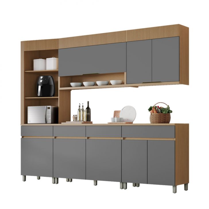 Cozinha Completa 100% MDF Realeza Premium 8 Portas 4 Gavetas Titânio e Carvalho