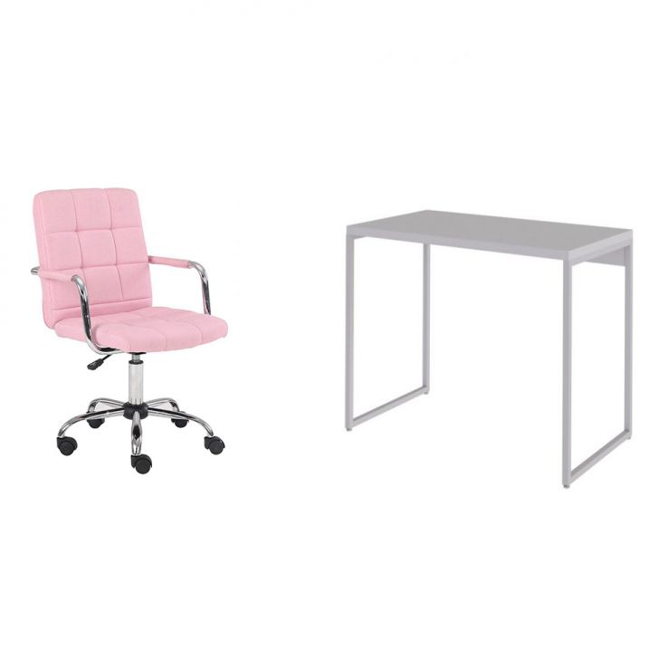 Conjunto de Mesa Studio Branca com Cadeira de Escritório Secretária Giratória Fitz Rosa