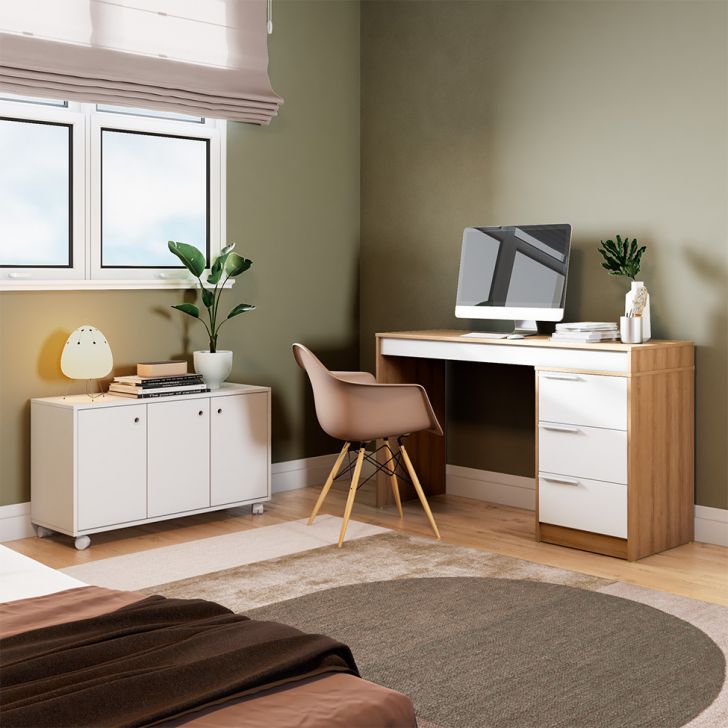 Conjunto de Escrivaninha e Armário Edith 3 Portas 3 Gavetas Branco e Mel