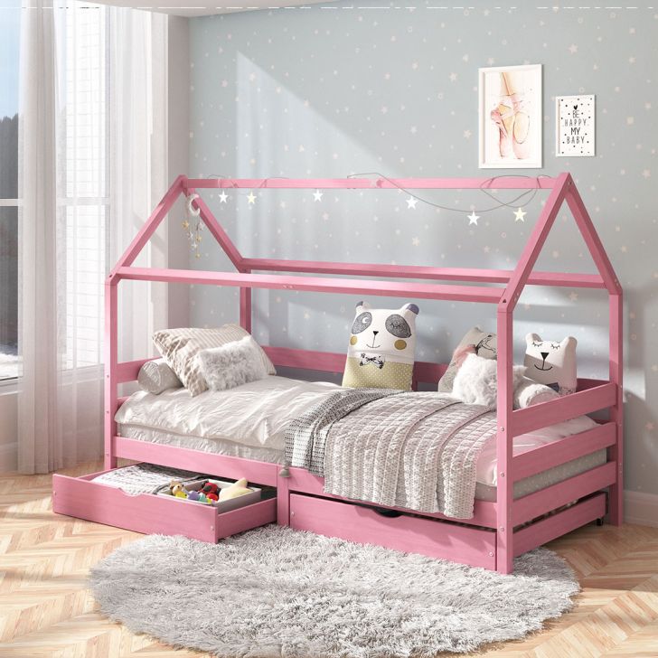 Cama Montessoriana Madeira Maciça Casa com Estrado Clia Rosa