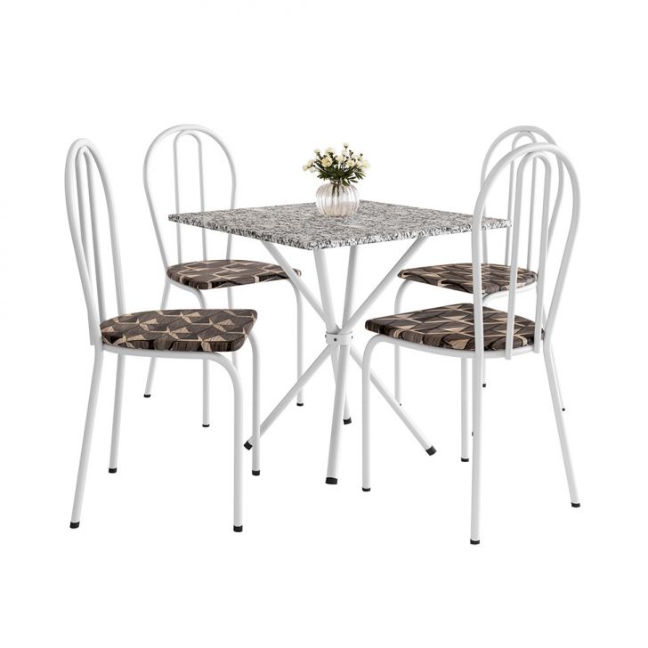 Conjunto de Mesa Quadrada com Tampo Granito e 4 Cadeiras Léia Revestimento Sintético Branco e Palha