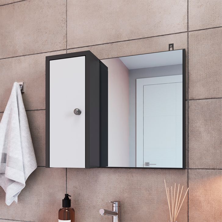 Armário de Banheiro com Espelho Versato 1 PT Grafite e Branco 42x50 cm