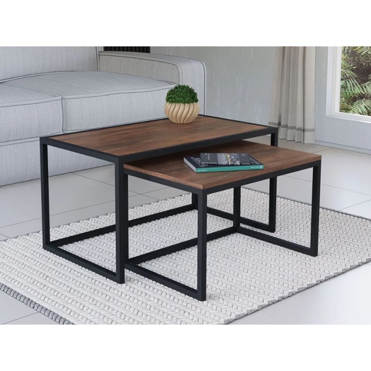 Conjunto Mesa De Centro Industrial 65cm e 60cm Aço Preto Duo Madeira Imbuia