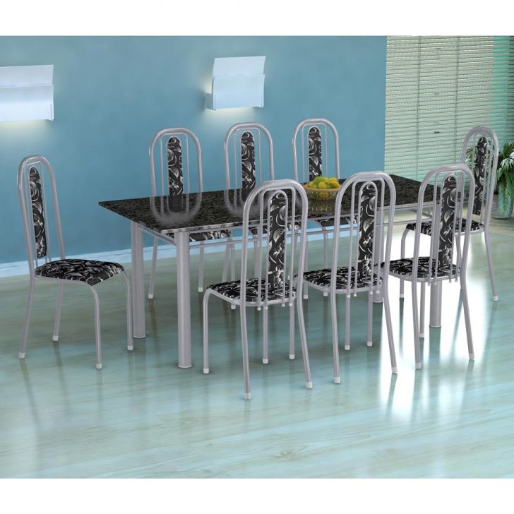 Conjunto De Mesa Cordoba Com 8 Cadeiras Granada Branco Prata E Preto Floral