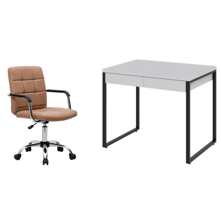 Conjunto de Mesa Kuadra 2 GV Branca e Preta com Cadeira de Escritório Secretária Giratória Fitz Marrom