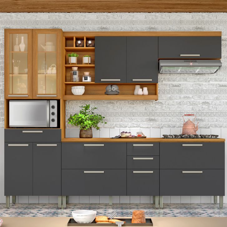 Cozinha Compacta Burguesa Premium com Vidro Reflecta 10 Portas 5 Gavetas Freijó e Grafite