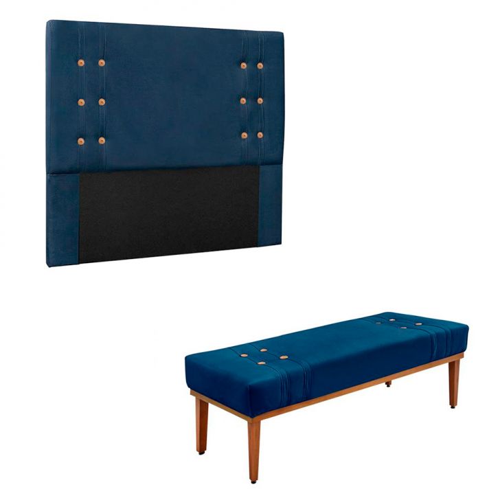 Conjunto de Cabeceira Queen com Recamier Gênova Suede Azul Marinho