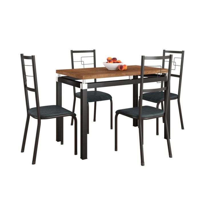 Conjunto De Mesa Retangular Com Tampo De Mdp Marrom Copenhague E 4 Cadeiras Monterrey Revestimento Sintético Preto