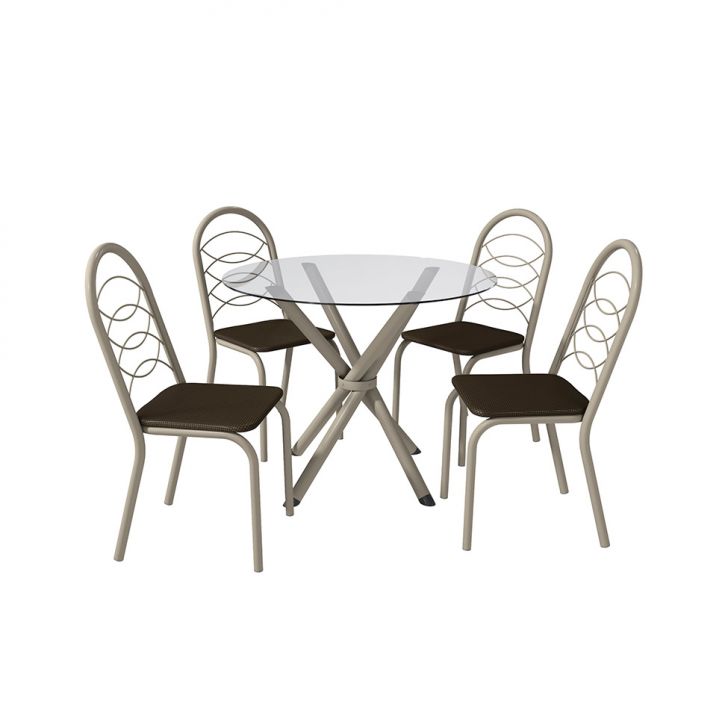 Conjunto De Mesa De Cozinha Redonda Com Tampo De Vidro E 4 Cadeiras Monika Corino Marrom Escuro E Nikel