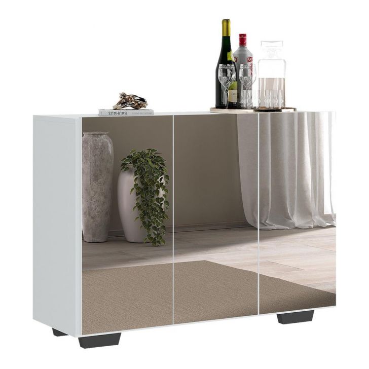Aparador Buffet 3 Portas com Espelho e Pés Quadrados Vegas Multimóveis V1014 Branco/Preto