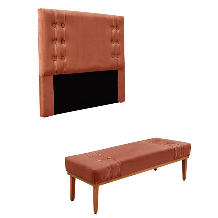 Conjunto de Cabeceira Casal com Recamier Gênova Veludo Cobre