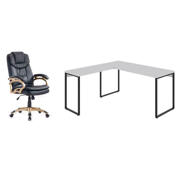 Conjunto de Mesa Kuadra  II Branca 150 cm com Cadeira de Escritório Presidente Giratória com Relax Clark Preta e Dourada