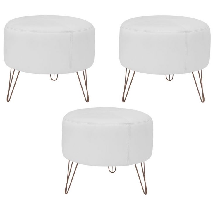 Kit 03 Puffs Decorativos Redondo Pés Metal Couro Branco Fosco - Gran Belo