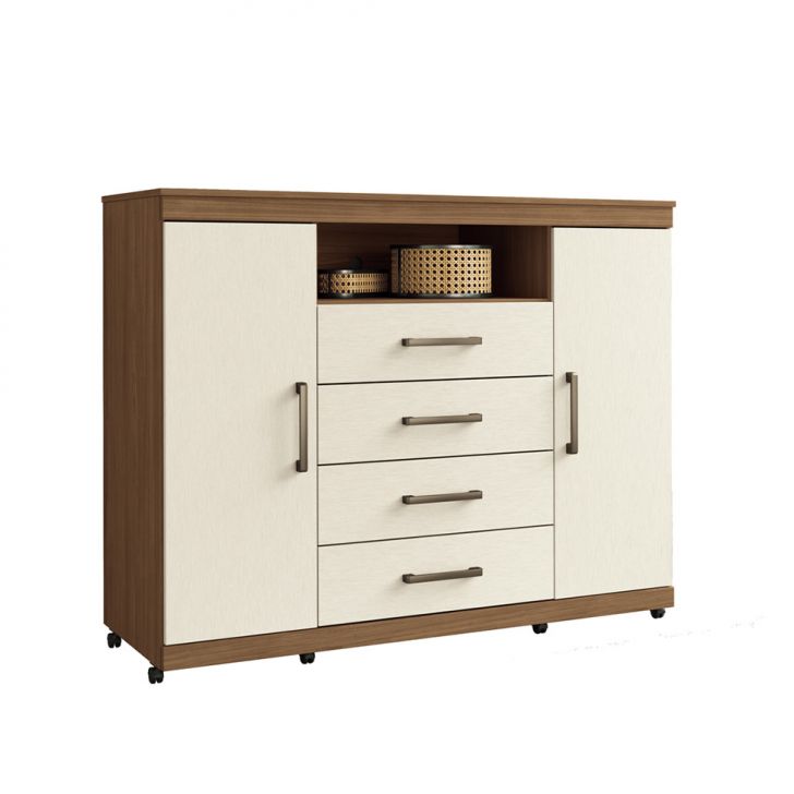 Cômoda Master com Rodízios 2 Portas 4 Gavetas Jatobá e Areia