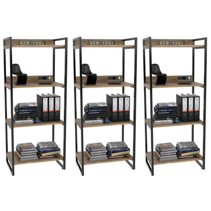 Kit 3 Estante Livreiro Multiuso Prisma Estilo Industrial 60cm 4 Prateleiras C08 Carvalho - Mpozenato